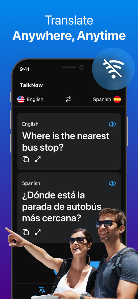 TalkNow - AI Translator - TalkNow AI Translator app interface showing offline English to Spanish translation for travelers