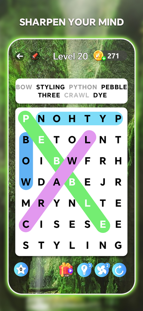 Écran de jeu Otium Mot Caché avec une grille de mots sur un magnifique fond de forêt.