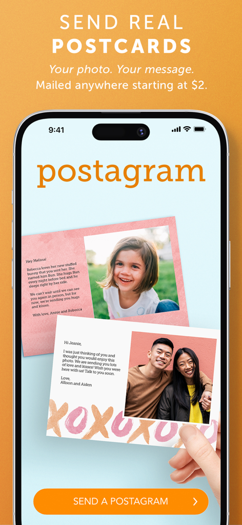 Postagram app interface on an iPhone showing personalized photo postcards with custom messages starting at 2 dollars.