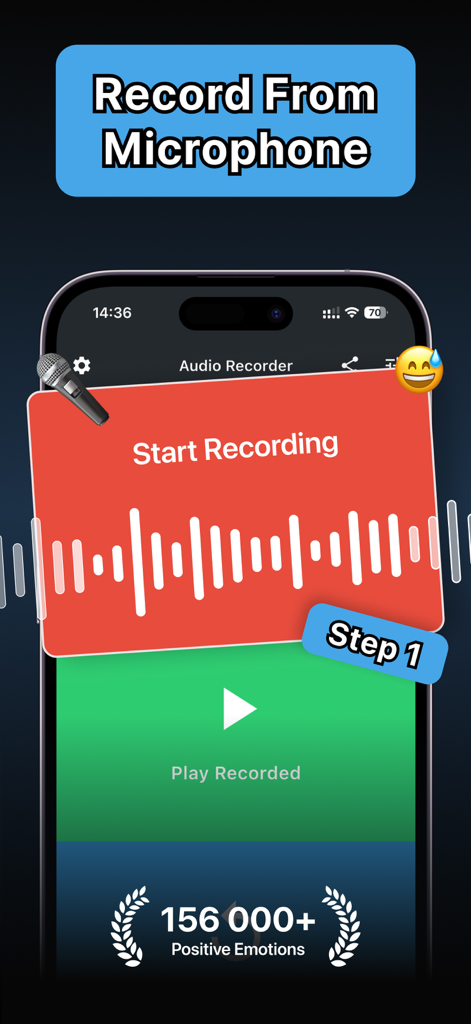 Screenshot of the Reverse Audio app showing the interface to record voice from a microphone with a start recording button and audio waveform.