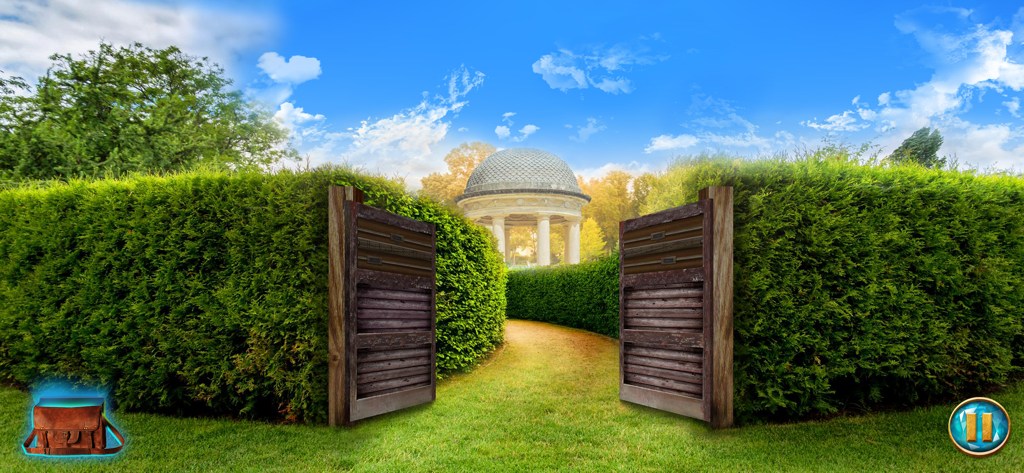 An open wooden gate leading into a lush green hedge maze with a domed gazebo in the background