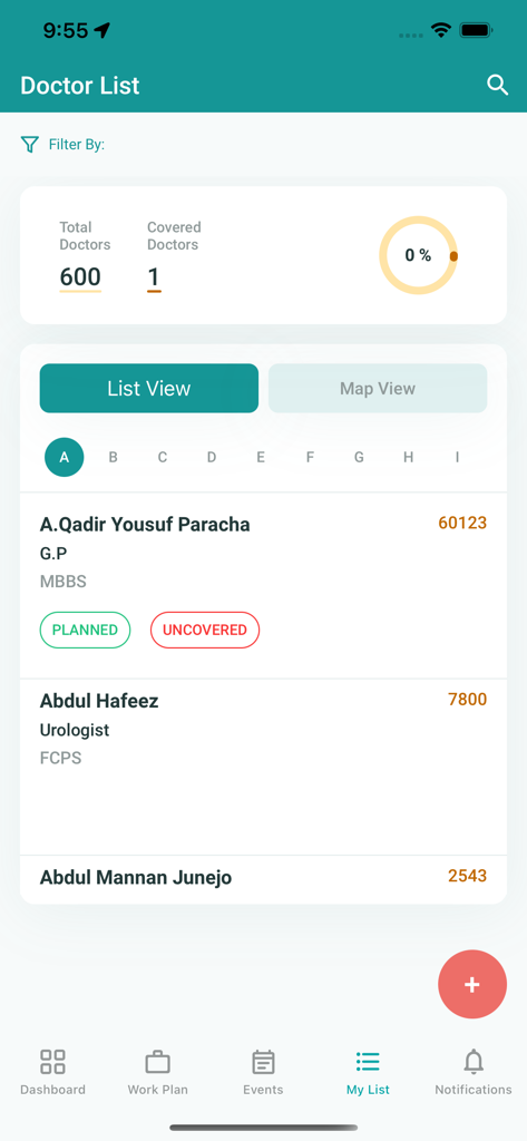 Interface do aplicativo Mrep mostrando uma lista de médicos para representantes de vendas médicas com estatísticas de cobertura e detalhes profissionais