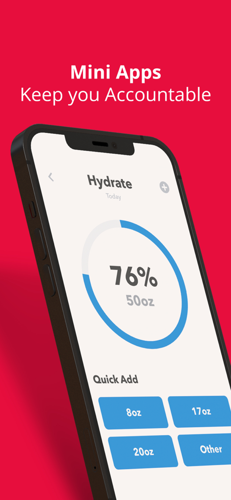 HabitMinder • Habit Tracker - HabitMinder hydration tracking interface showing seventy-six percent progress and water intake quick add buttons