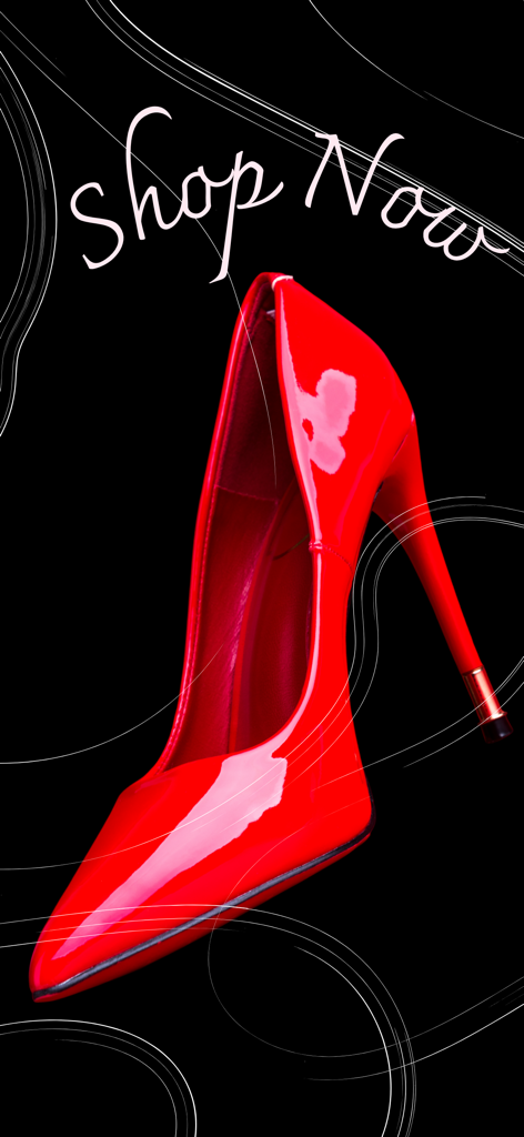Women Shoes Shopping Fashion - Un elegante tacón de aguja rojo brillante con el texto 'comprar ahora' sobre un fondo negro.