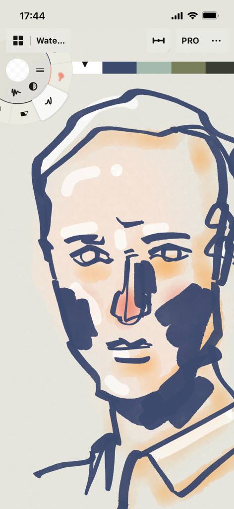 Concepts 앱에서 디지털 수채화 및 잉크 도구를 사용하여 제작 중인 스타일화된 얼굴 일러스트레이션
