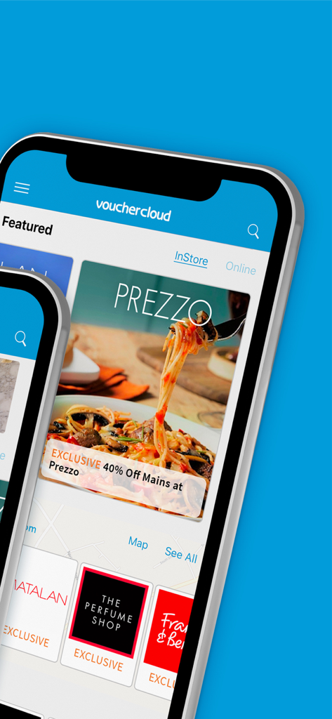 vouchercloud: vouchers offers - App móvil de Vouchercloud mostrando vales de descuento exclusivos para restaurantes y comercios.