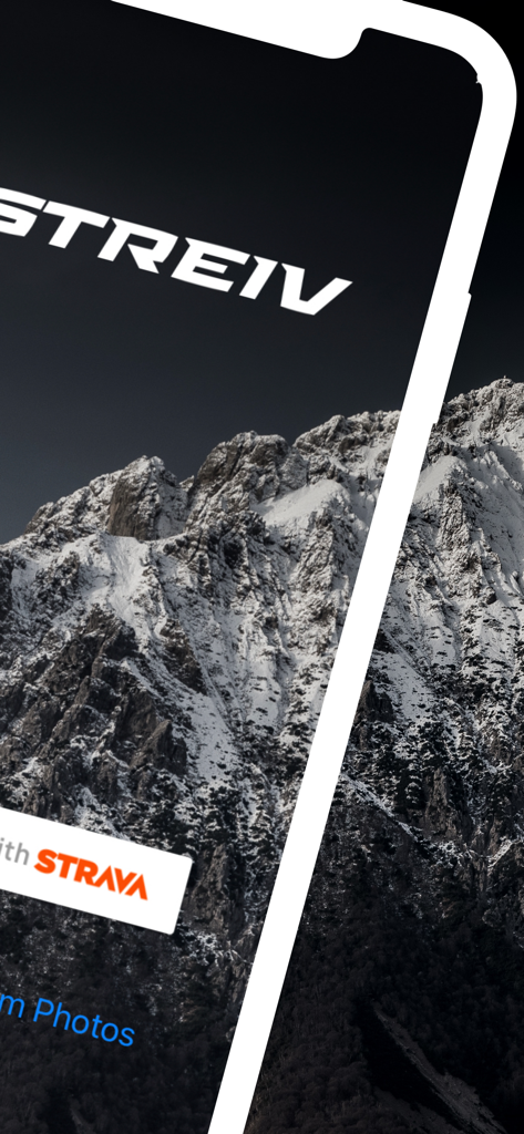 STREIV app interface on a smartphone with a snowy mountain background and Strava connection button