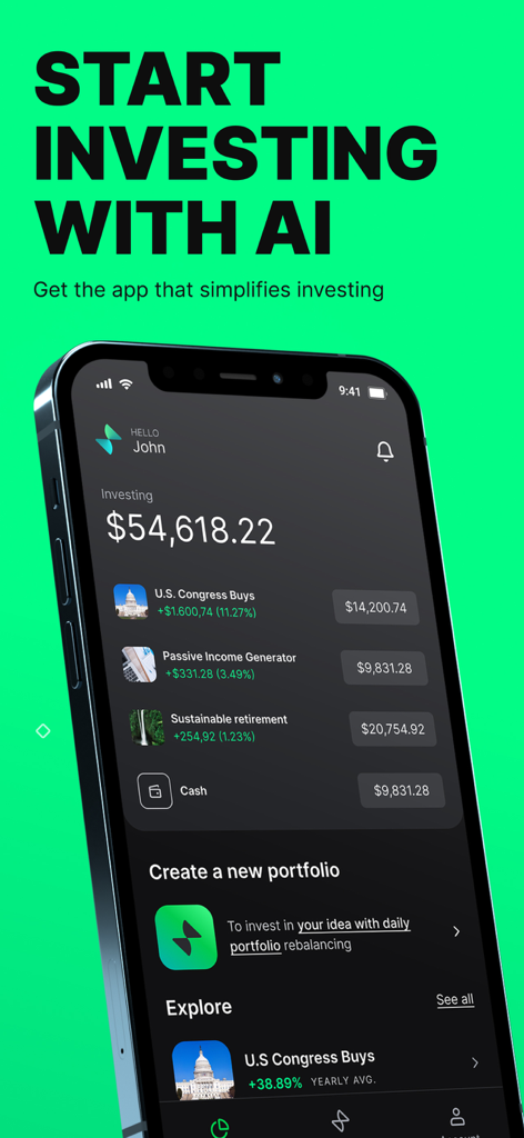 Streetbeat mobile app dashboard displaying AI managed investment portfolios and total account balance