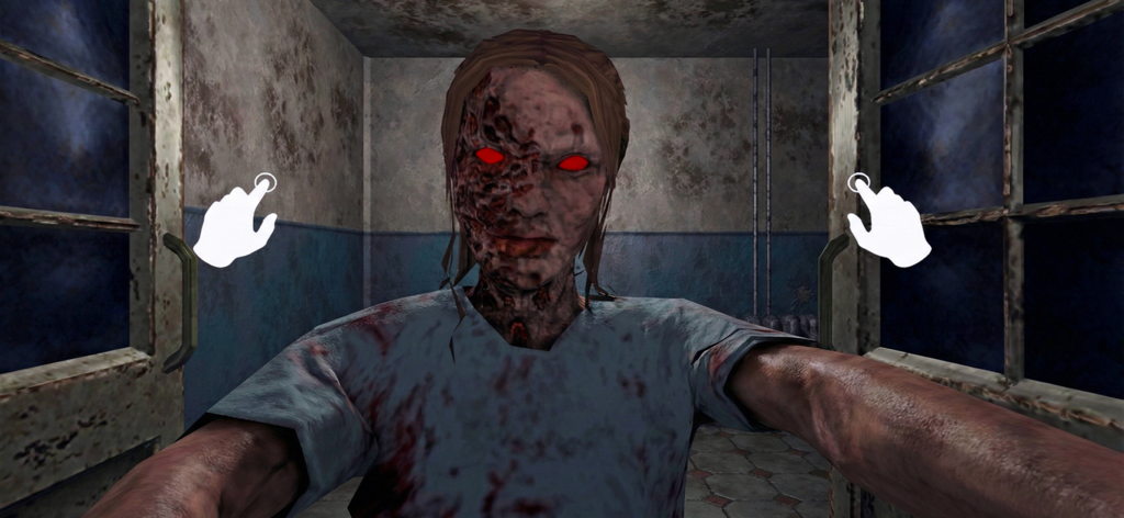 Monstruo aterrador con ojos rojos en una habitación de hospital embrujada, vista en primera persona