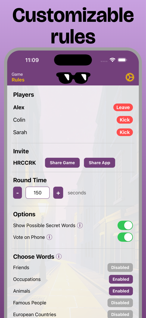 Interface mostrando regras personalizáveis para o jogo de palavras Imposter, incluindo lista de jogadores e cronômetro