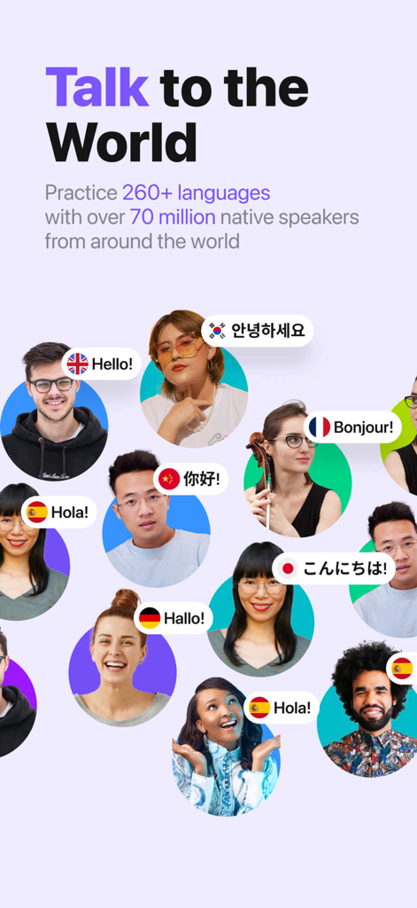 HelloTalk - Language Learning - Grupo diversificado de falantes nativos de todo o mundo dizendo olá em várias línguas no aplicativo HelloTalk