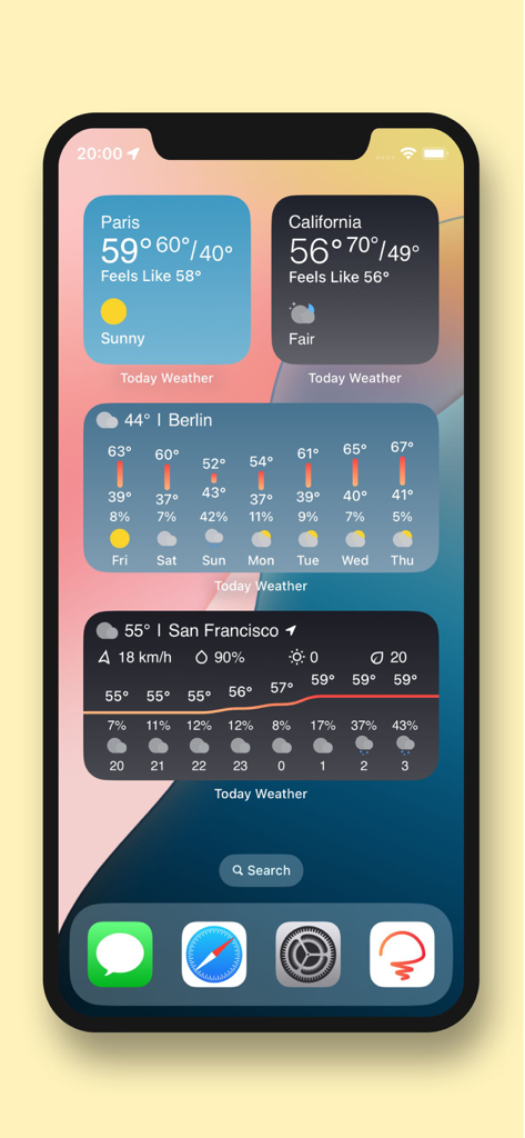 Today Weather: Radar & Alerts - Schermata principale dell'iPhone che mostra più widget di Today Weather con un design minimalista pulito per varie città