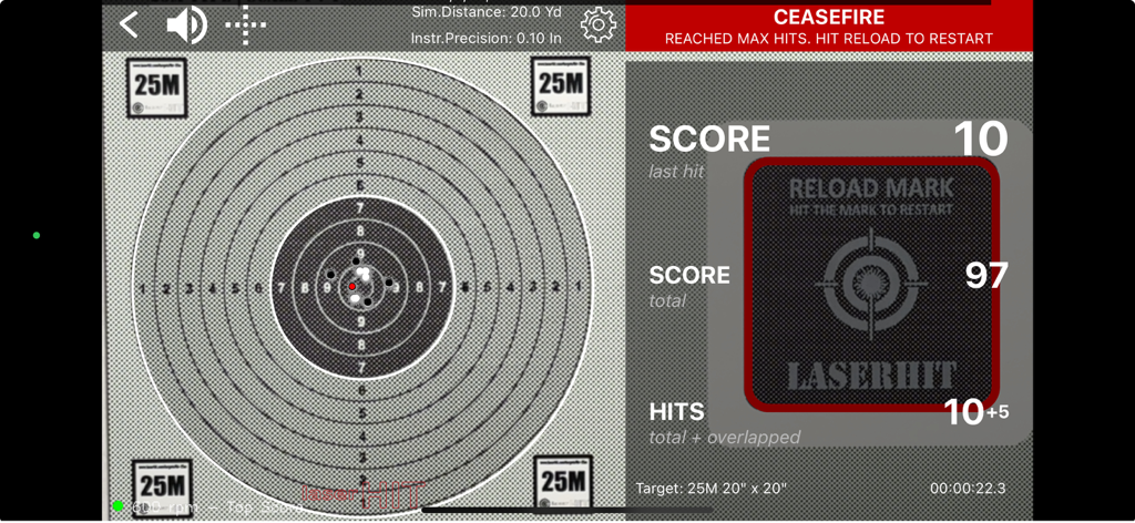 LaserHIT app screen displaying a virtual shooting target with hit detection and total score.