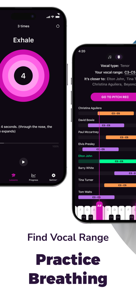 Vocal Range Finder app screens showing a breathing exercise timer and a vocal range comparison with famous singers.