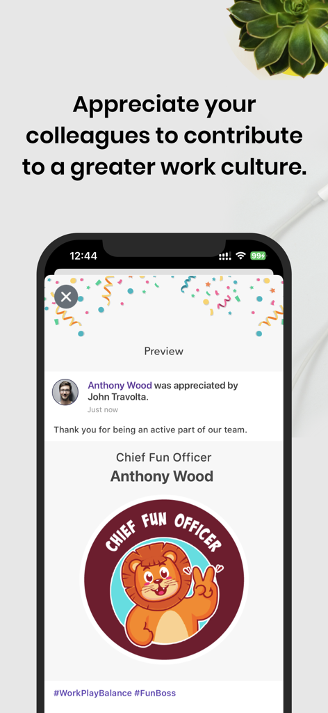 Vantage Circle - Vantage Circle mobile app showing a social recognition post with a Chief Fun Officer lion badge.