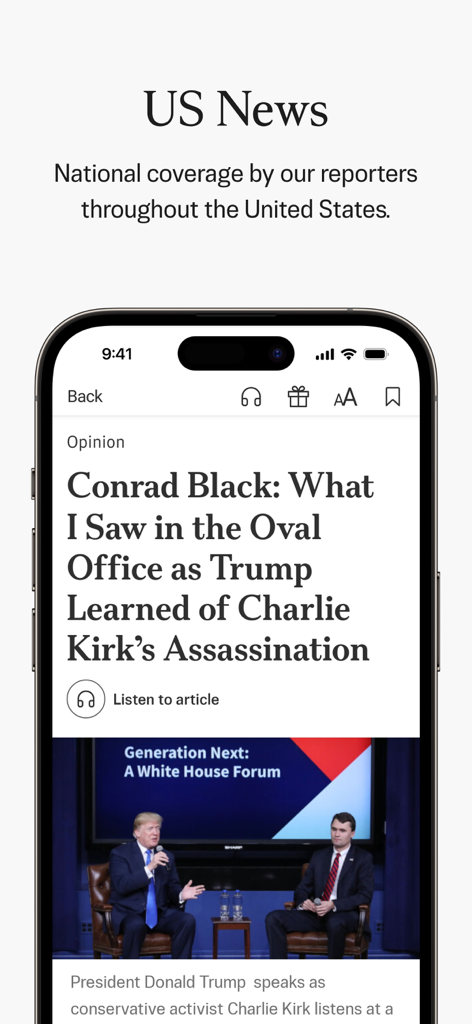 Epoch Times: Live & Breaking - The Epoch Times app interface displaying a US News article with an audio listening option.