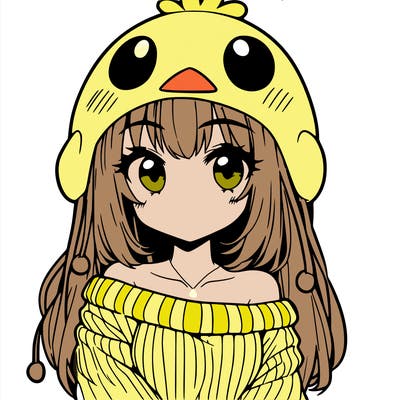 anime girl with chick shaped hat with sweater with bare shoulders with bangs covering them one eye with low tail