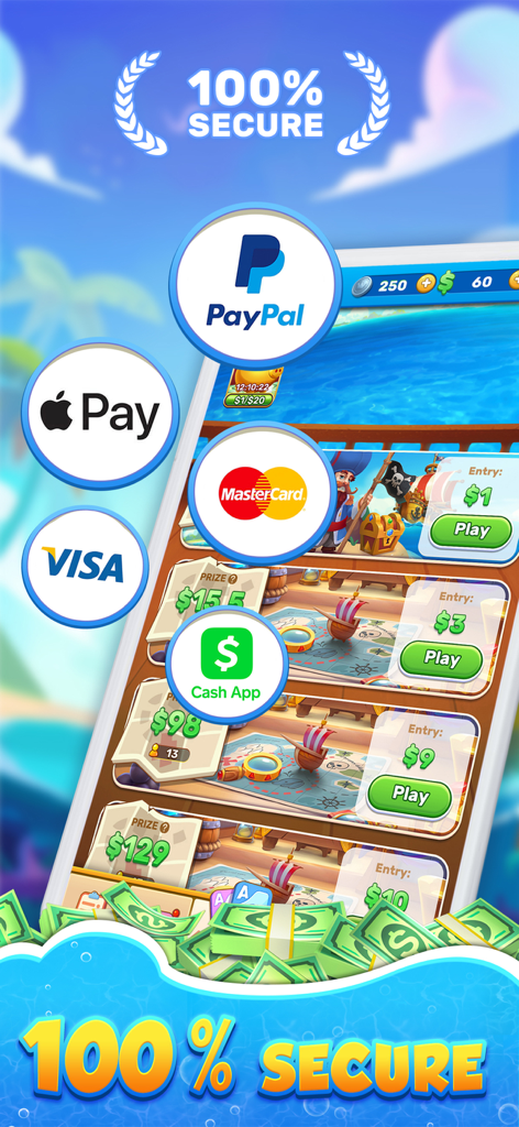 Solitaire Riches:Win Cash - Interfaz de la aplicación Solitaire Riches que muestra métodos de pago seguros como PayPal, Apple Pay y Cash App con una garantía de seguridad del 100 por ciento.