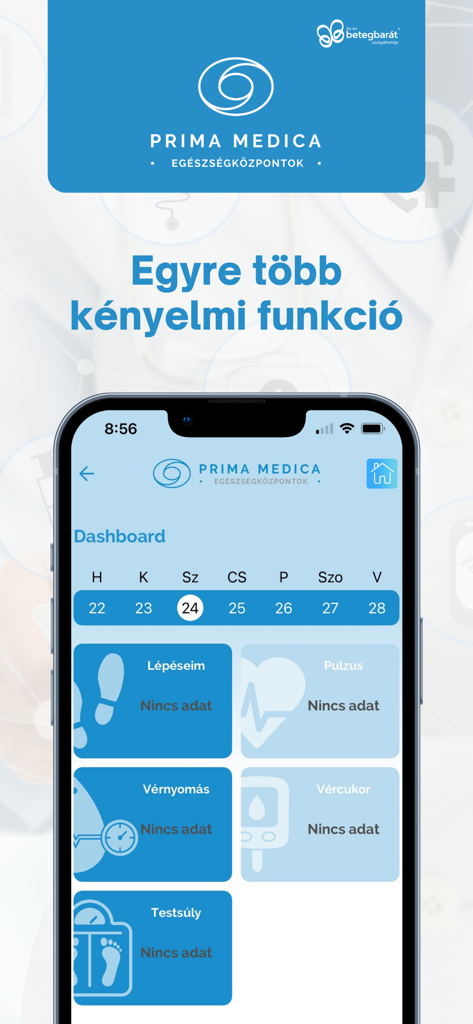 PrimaMedica App - Health dashboard of the PrimaMedica App showing tracking modules for steps pulse blood pressure and blood sugar