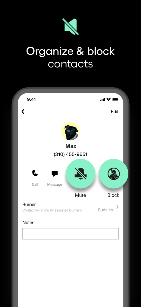Burner: Second Phone Number - Burnerアプリのインターフェースは、ミュートボタンとブロックボタンを使用して連絡先を整理およびブロックします。
