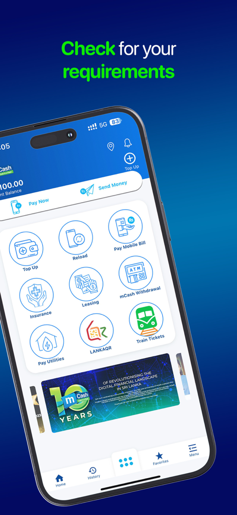 Mobitel mCash - Interfaz de la aplicación Mobitel mCash mostrando opciones para pagos de facturas de servicios públicos, seguros, leasing y billetes de tren