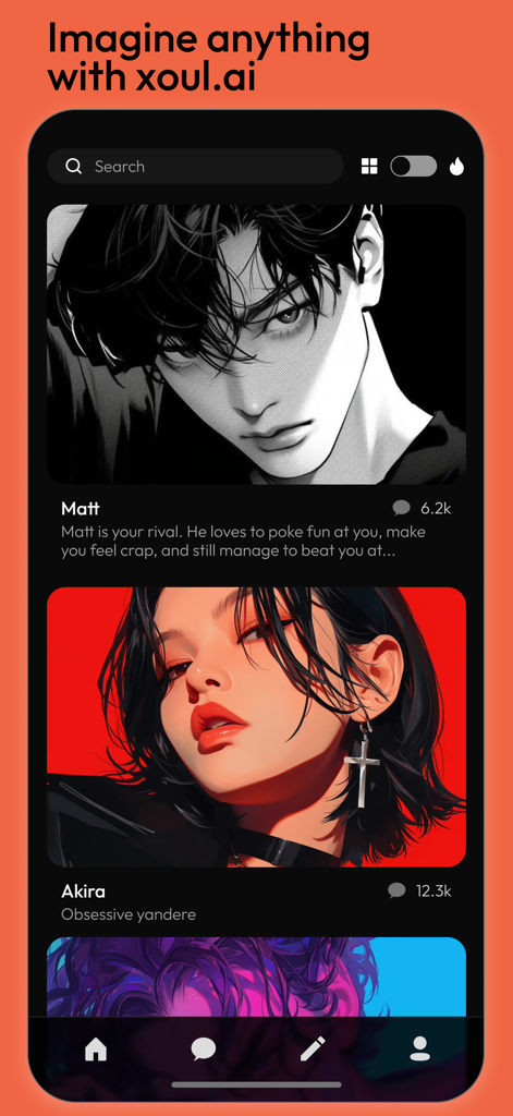 Xoul AI - Imagine Anything - Xoul AI app interface showing a feed of anime-style AI characters for roleplay and storytelling.