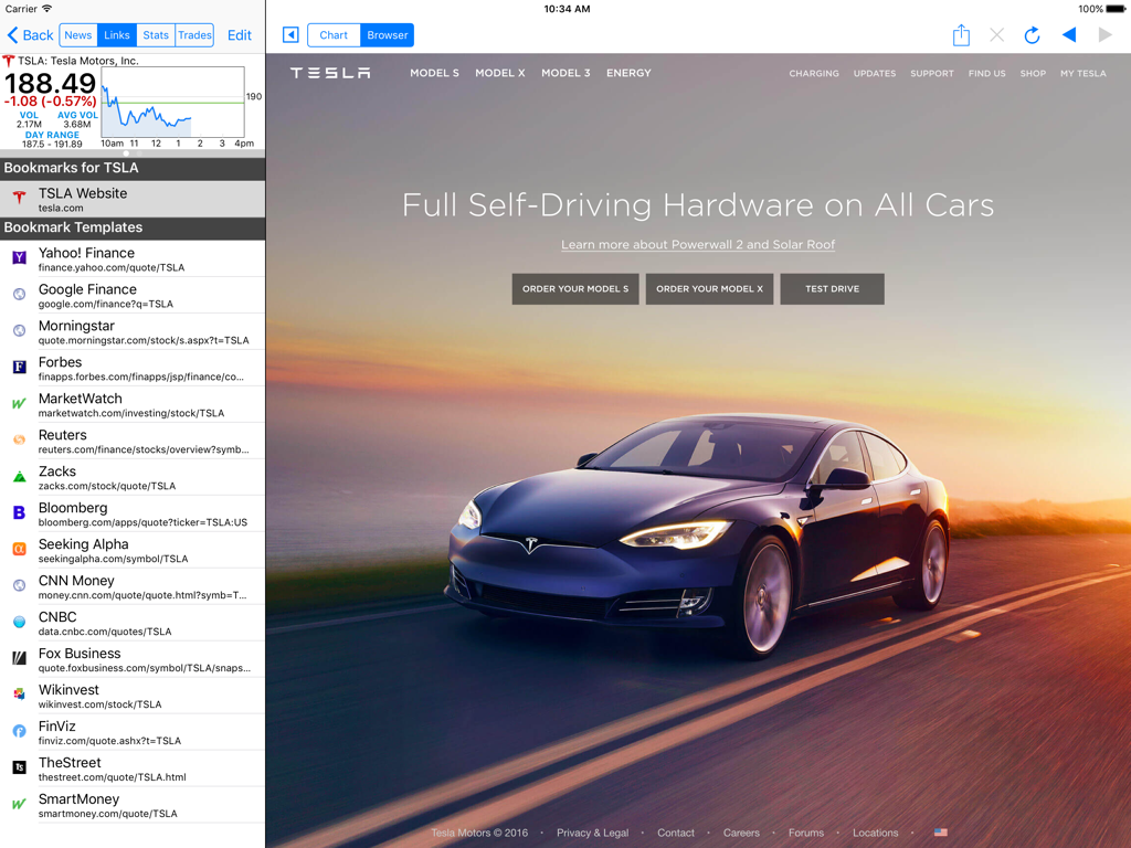 StockSpy HD: Real-time Quotes - StockSpy HD for iPad showing stock research bookmarks and integrated web browser for Tesla