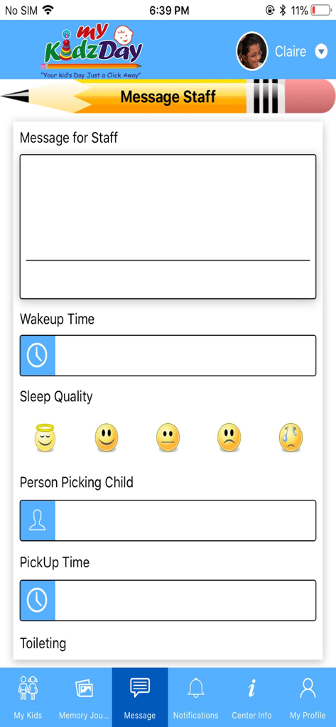 Parent messaging interface in myKidzDay app showing daily update fields for child care staff