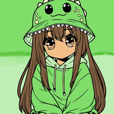 girl with anime shaped eyes with a dinosaur bucket hat oversized sweatshirt long straight hair