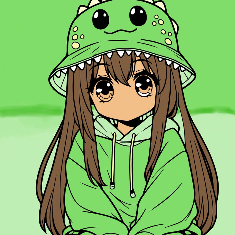 girl with anime shaped eyes with a dinosaur bucket hat oversized sweatshirt long straight hair