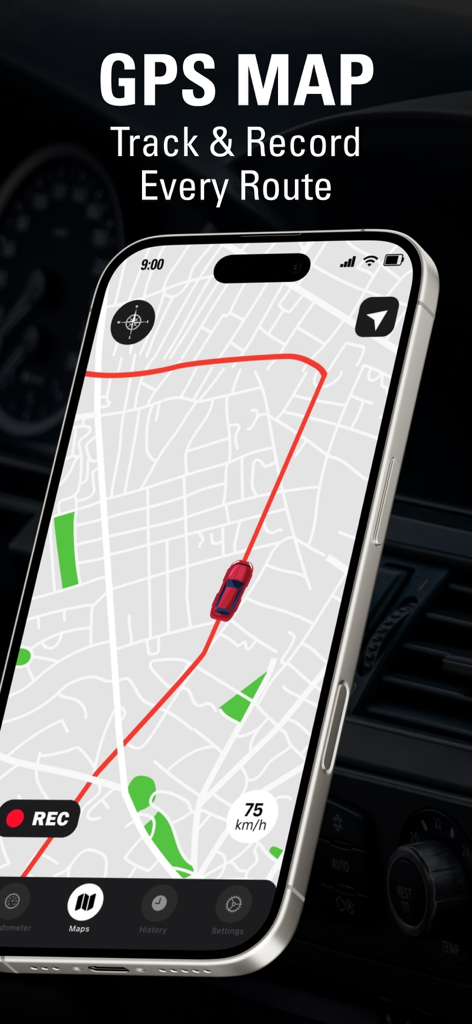 Speedometer Speed Tracker GPS - A smartphone screen displaying the GPS map feature of the Speedometer app with a car icon following a red tracked route.