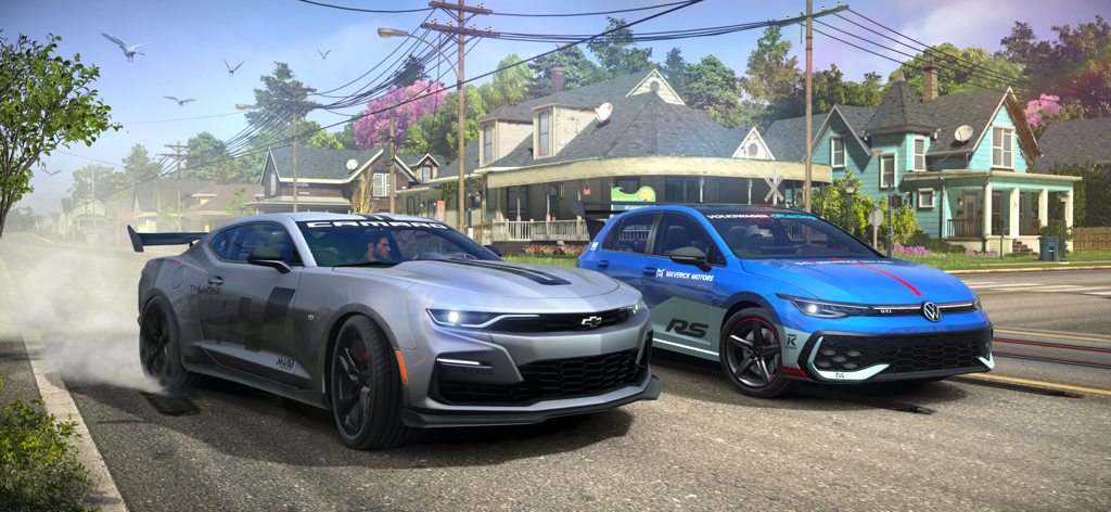 Racing Kingdom - Un Chevrolet Camaro plateado y un Volkswagen Golf GTI azul aparcados en una calle suburbana en el juego Racing Kingdom.