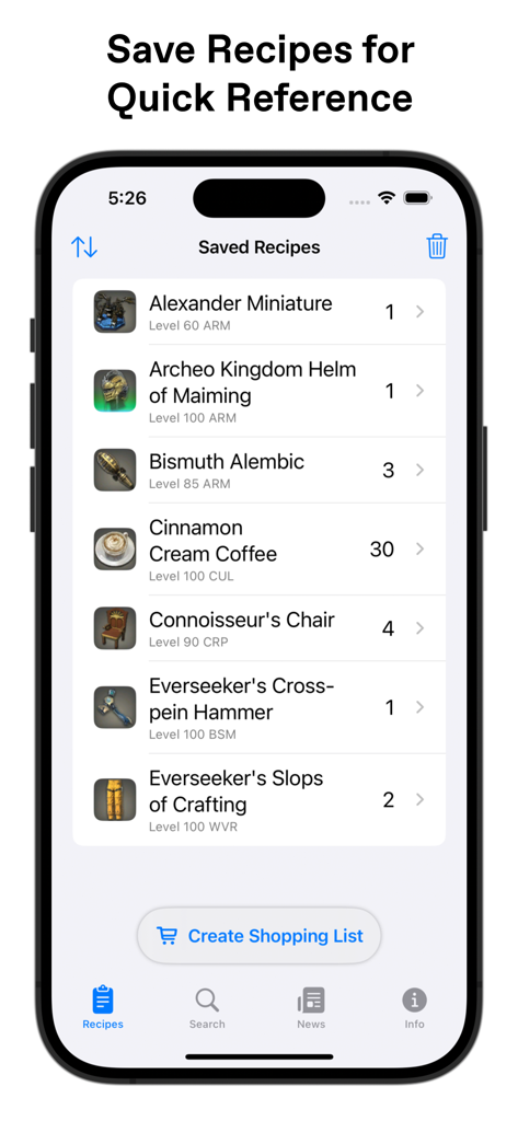 XIV Helper - Pantalla de la aplicación XIV Helper mostrando una lista de recetas de artesanía guardadas de Final Fantasy XIV y sus cantidades