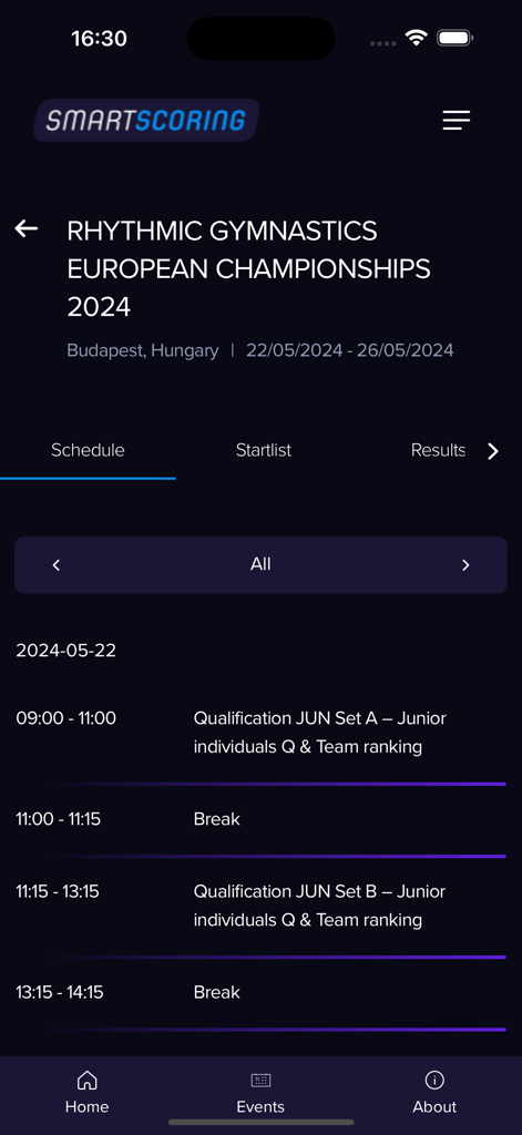 Smartscoring Results - Smartscoring app interface displaying the event schedule for the Rhythmic Gymnastics European Championships 2024 including session times and event titles.