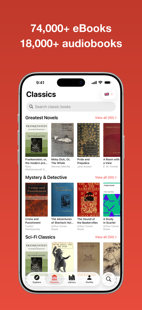 Must Read – The Book Tracker - A screen from the Must Read app displaying a collection of classic ebooks and audiobooks organized by genre