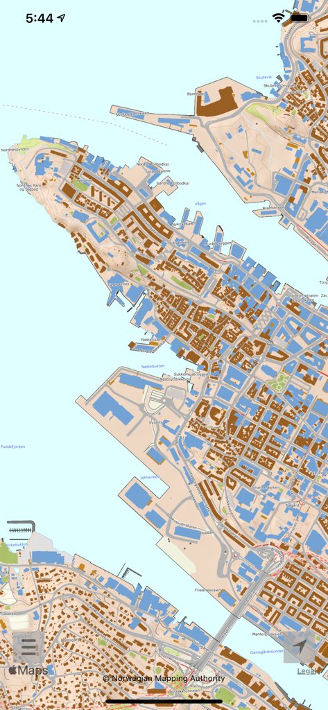 Detailed high resolution offline map showing a coastal city in Norway with streets and buildings.