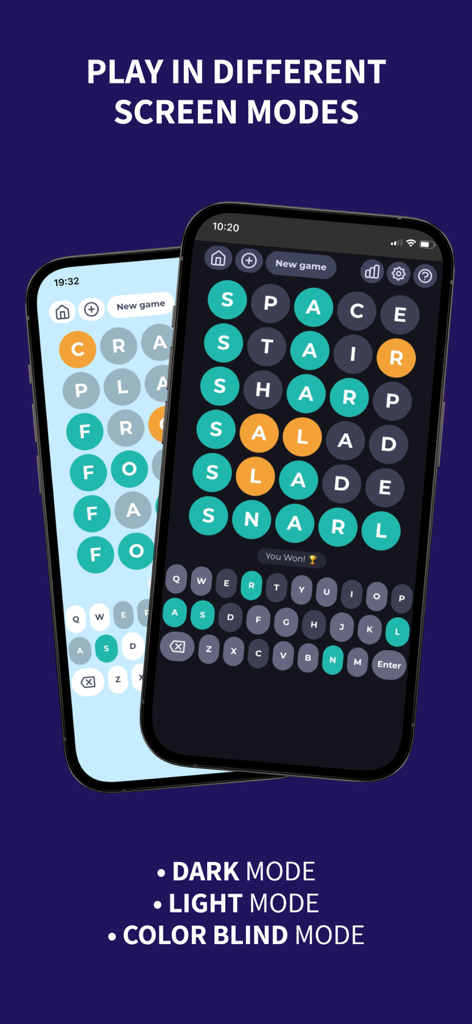 WordGrid - Guess the Word - WordGrid game interface showing dark and light screen mode options