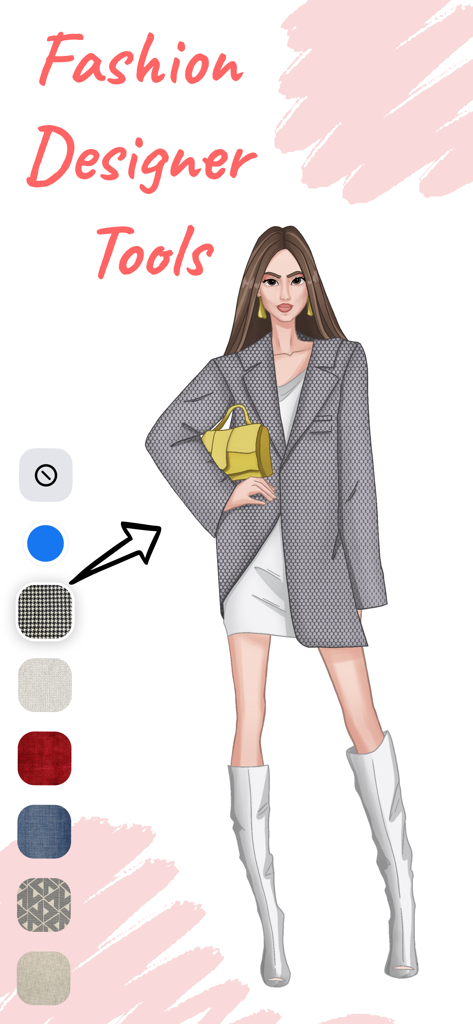 Fashion Design Sketch Tools - Digital fashion design app interface showing a model wearing an oversized blazer with a texture selection menu