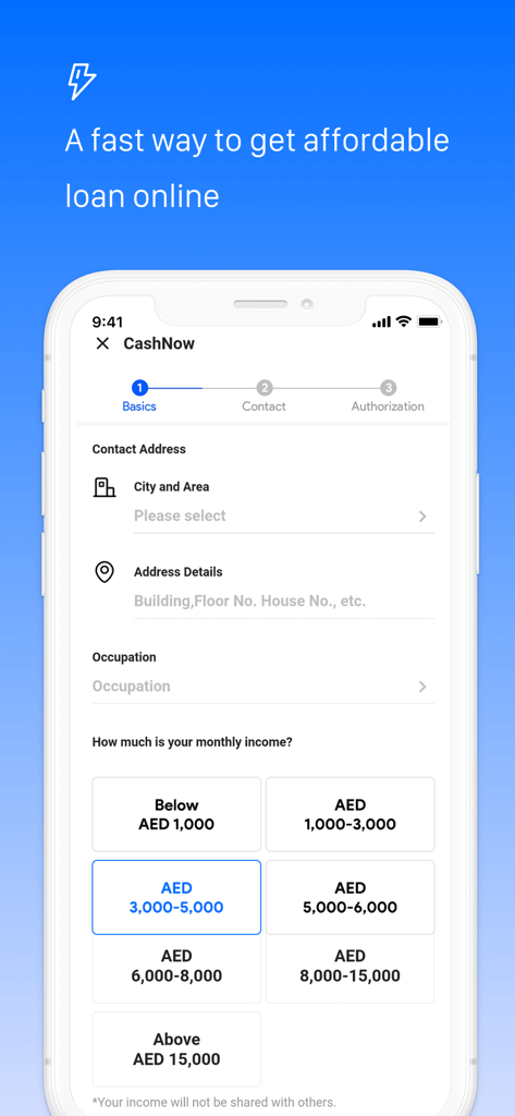 CashNow app interface showing the basics section of a loan application including income selection in AED