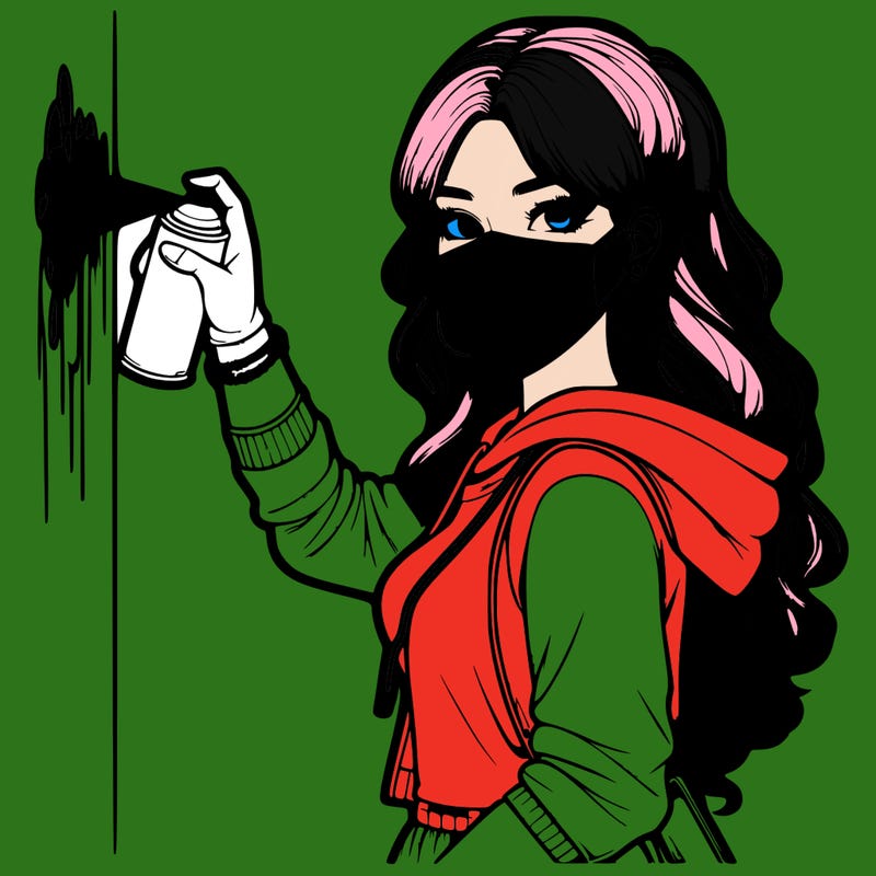 realistic girl with mask spray painting a wall