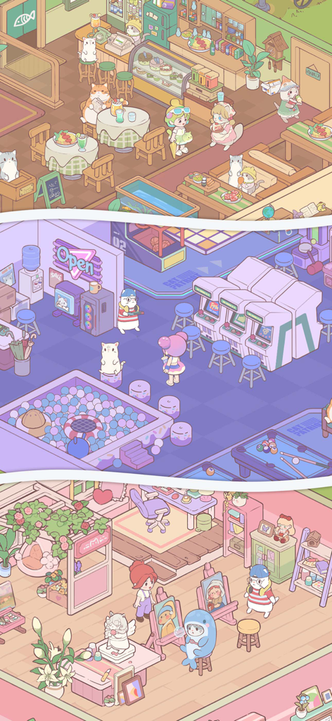 Cats Mansion - Cute Merge Game - Three pastel colored game scenes from Cats Mansion featuring a restaurant an arcade and an art studio with cute cats