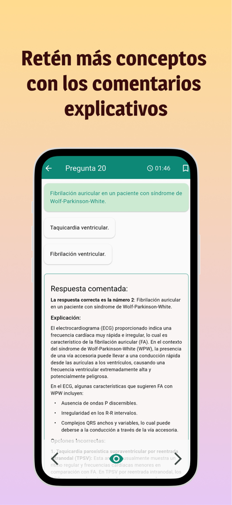 Interfaz de Preguntas Mir Me App mostrando una pregunta médica con un comentario explicativo detallado