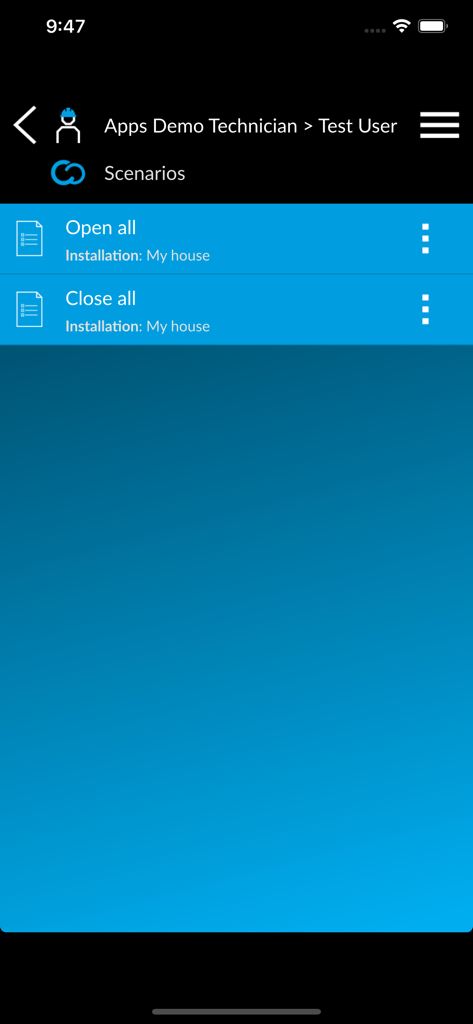 CONNECT SetUp - Interfaz de la aplicación CONNECT SetUp que muestra una lista de escenarios automatizados como abrir todo y cerrar todo para un técnico.