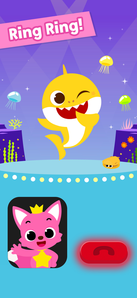 Pinkfong Baby Shark Phone - A simulated phone call screen featuring Baby Shark and Pinkfong characters