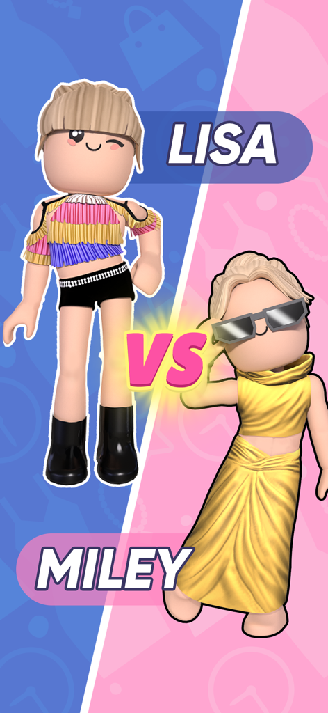 Famous Fashion - Dress Up Game - A fashion battle screen featuring two characters Lisa and Miley in stylish outfits