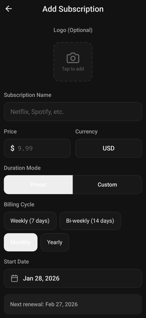 Simple Subscriptions Tracker - A modern dark mode interface to add a new subscription with fields for name price currency and billing cycle
