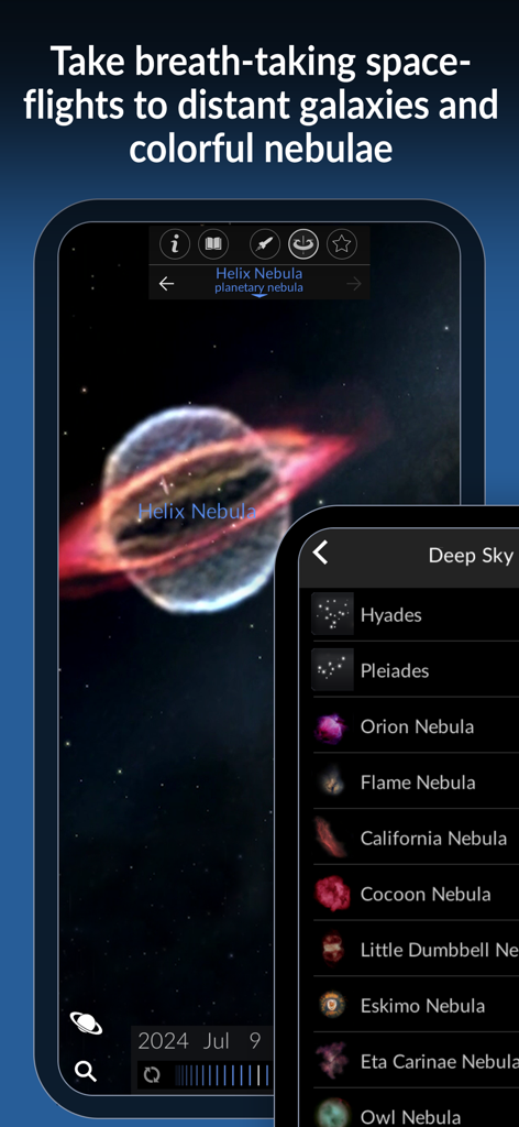 The Sky Pro by Redshift - The Sky Pro app interface showing a 3D visualization of the Helix Nebula and a list of deep sky objects.
