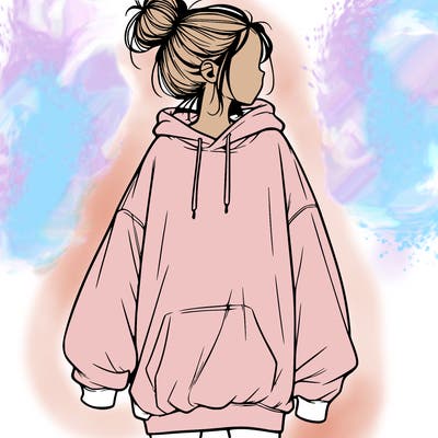 realistic girl with a oversized sweatshirt on and a bun