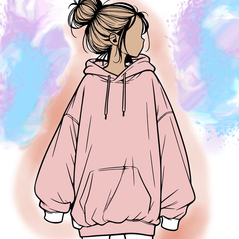 realistic girl with a oversized sweatshirt on and a bun