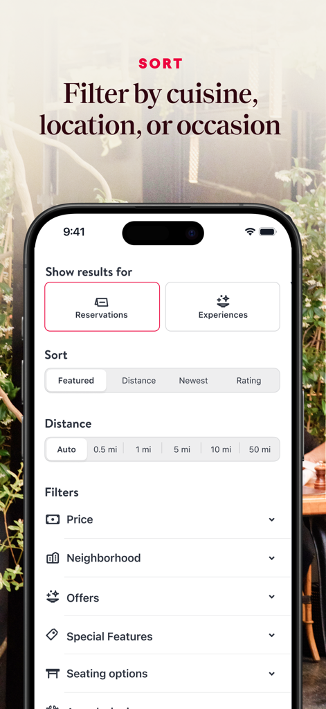 OpenTable - OpenTable app screen showing search filters for restaurant reservations and experiences